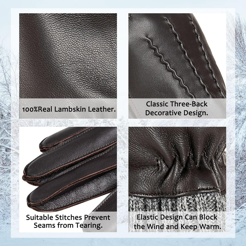 Winter Warm Genuine Leather Gloves, Cashmere Lined Driving Motorcycle Gloves for Men