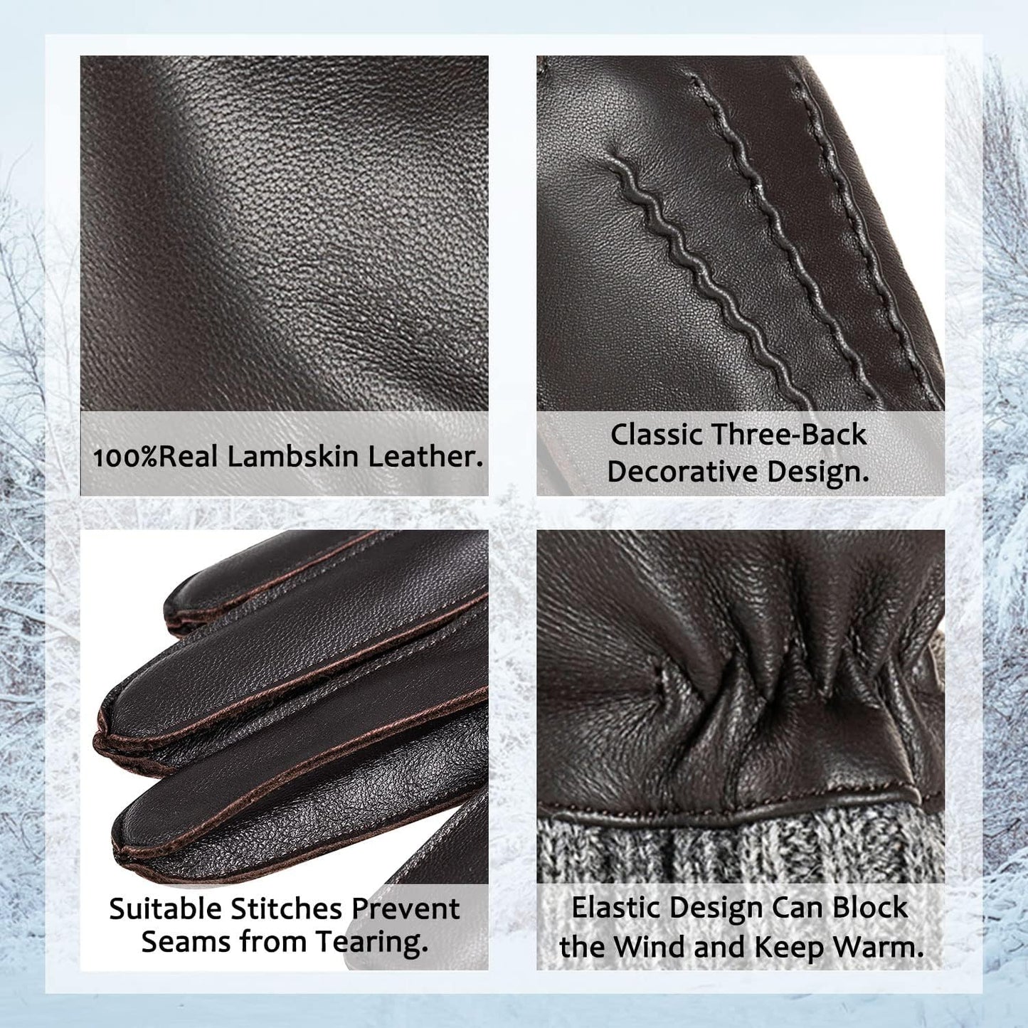 Winter Warm Genuine Leather Gloves, Cashmere Lined Driving Motorcycle Gloves for Men