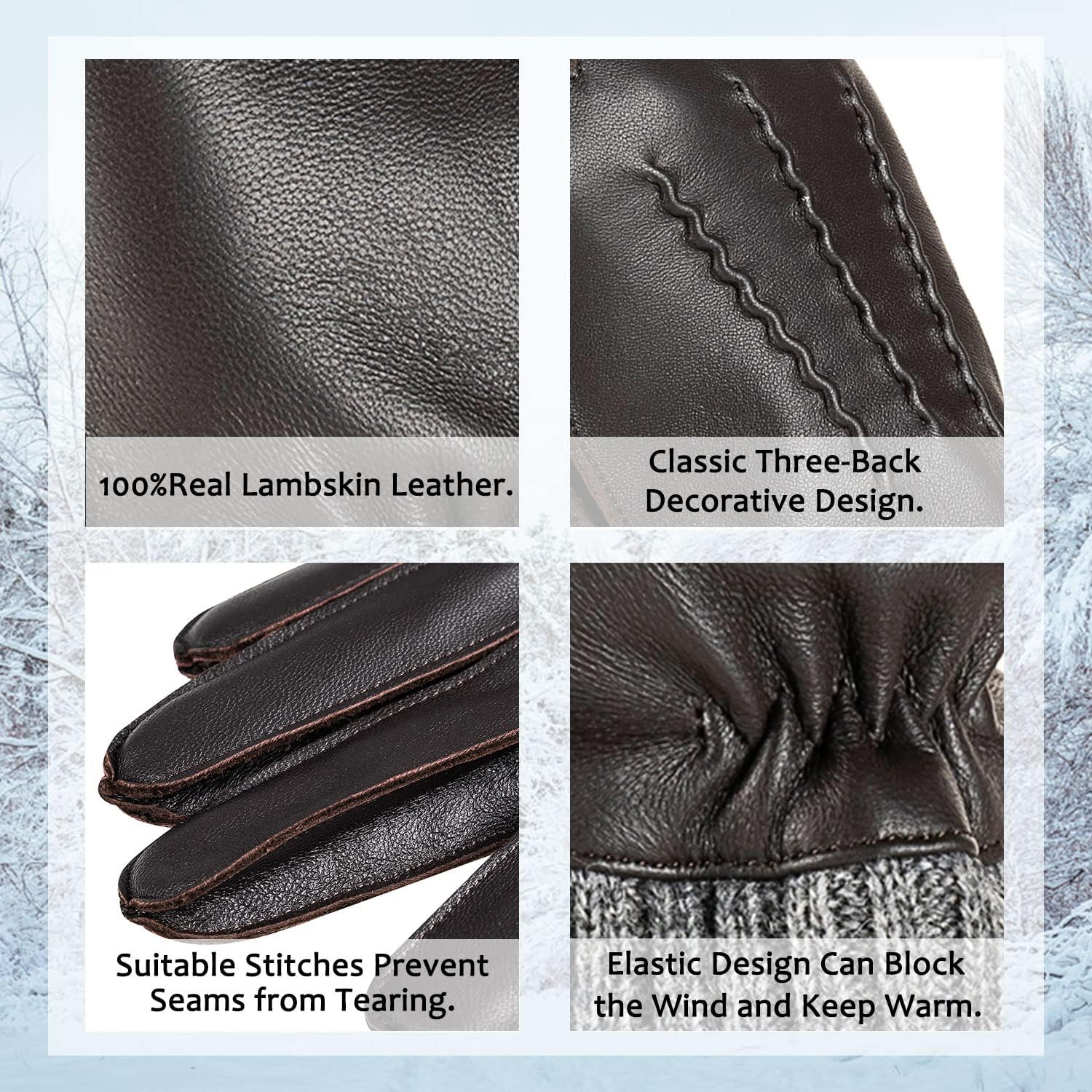 Winter Warm Genuine Leather Gloves, Cashmere Lined Driving Motorcycle Gloves for Men