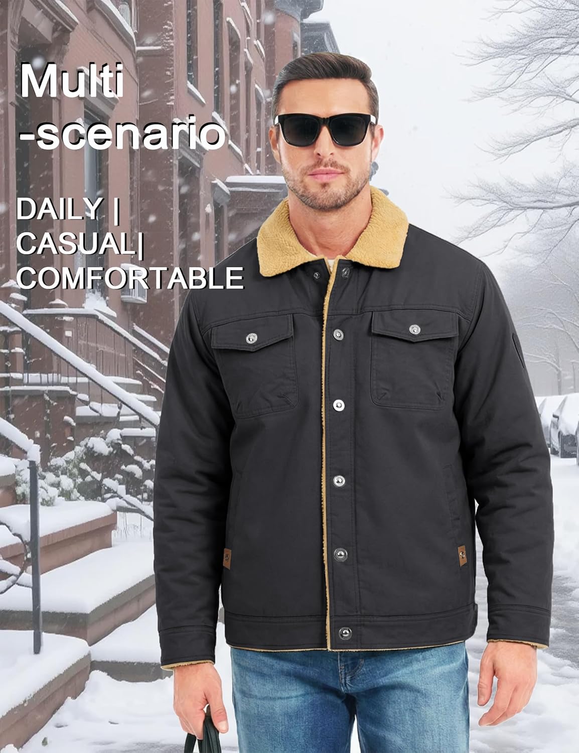 MAGCOMSEN Men's Winter Jacket Military Style Trucker Jacket Cargo Fabric Warm Fleece Lined Coat Windbreaker Sherpa Thermal Collar Combat Jacket
