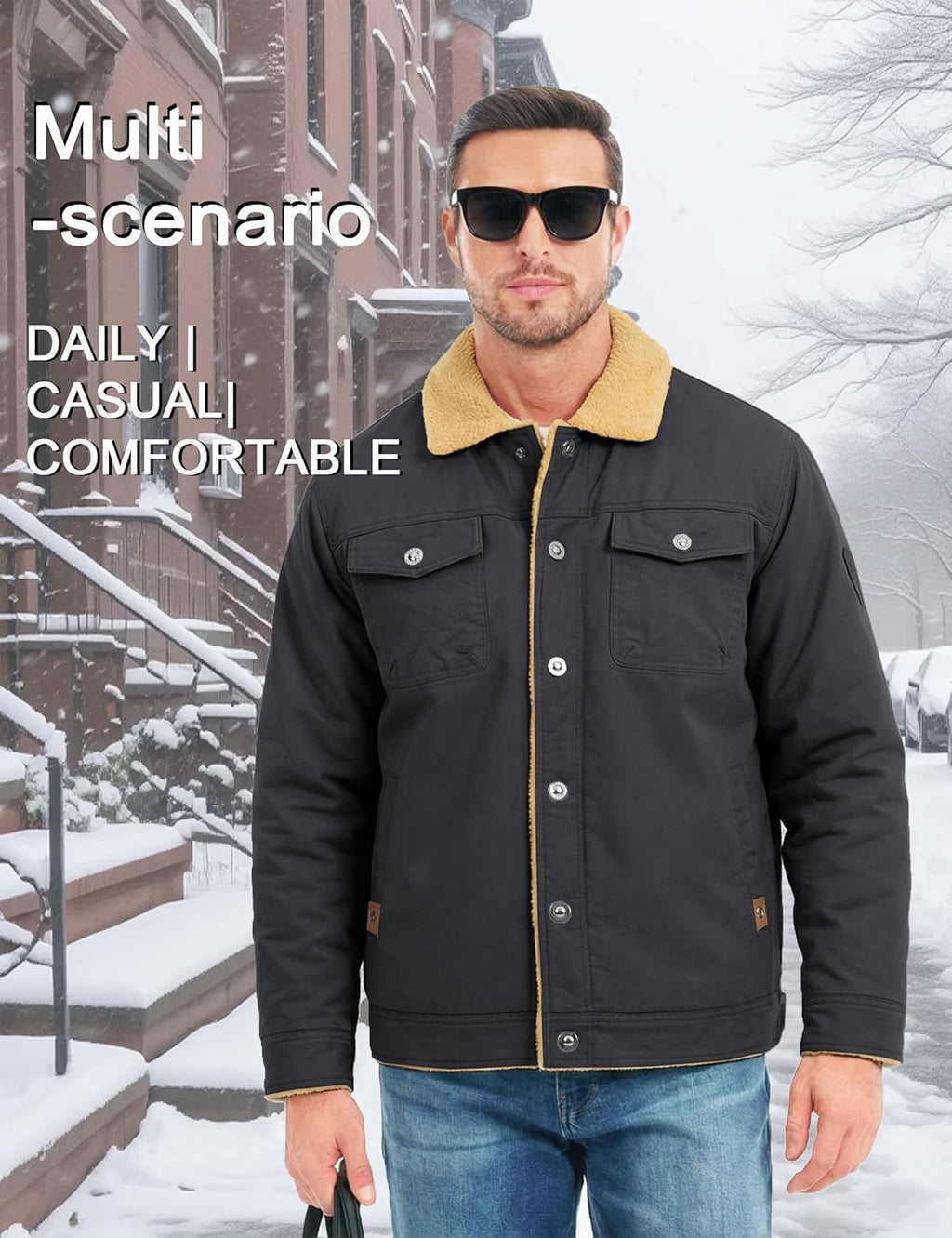 MAGCOMSEN Men's Winter Jacket Military Style Trucker Jacket Cargo Fabric Warm Fleece Lined Coat Windbreaker Sherpa Thermal Collar Combat Jacket