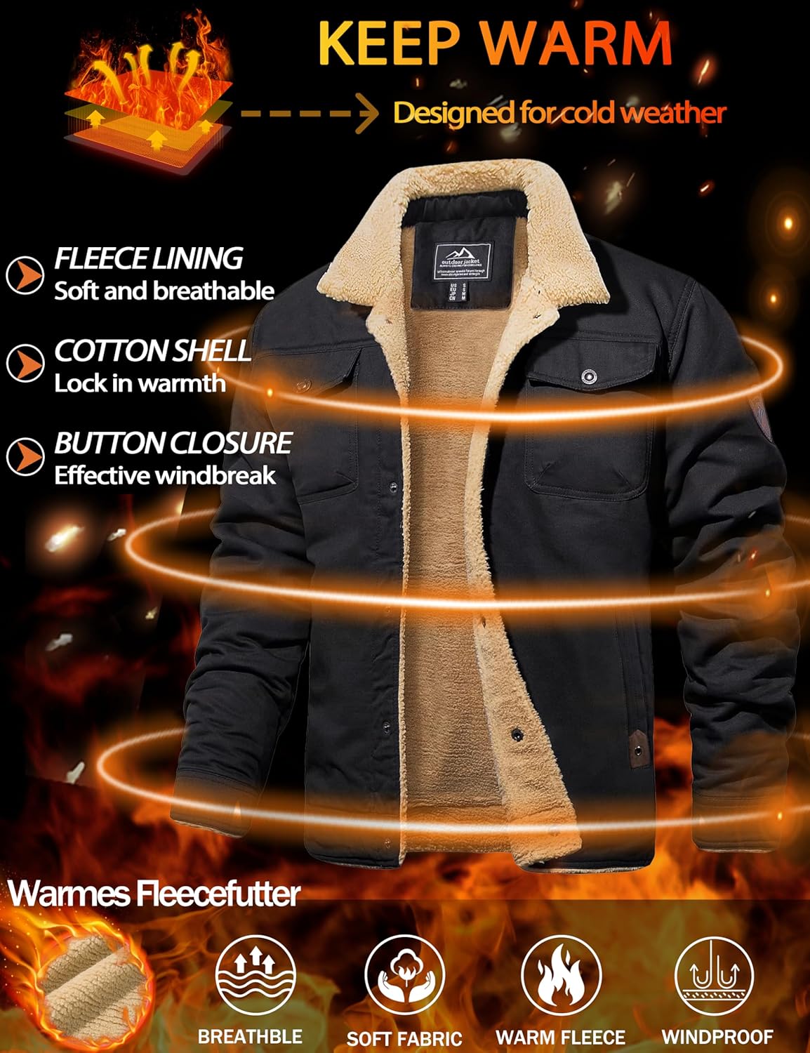 MAGCOMSEN Men's Winter Jacket Military Style Trucker Jacket Cargo Fabric Warm Fleece Lined Coat Windbreaker Sherpa Thermal Collar Combat Jacket