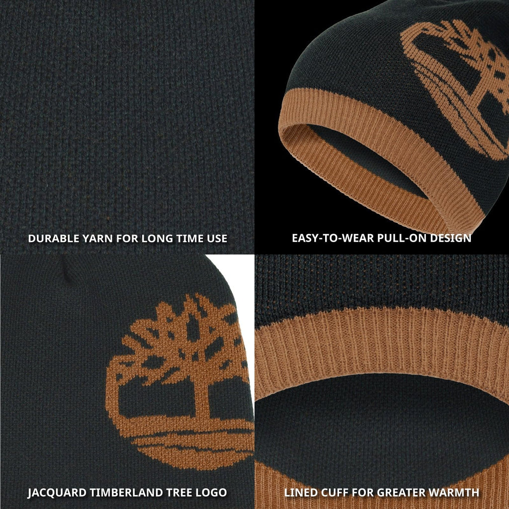 Timberland Men’s Logo Pull-On Beanie - Soft Ribbed Knit Winter Hat, Jacquard Tree Design, Warm Stretch Fit for Cold Weather