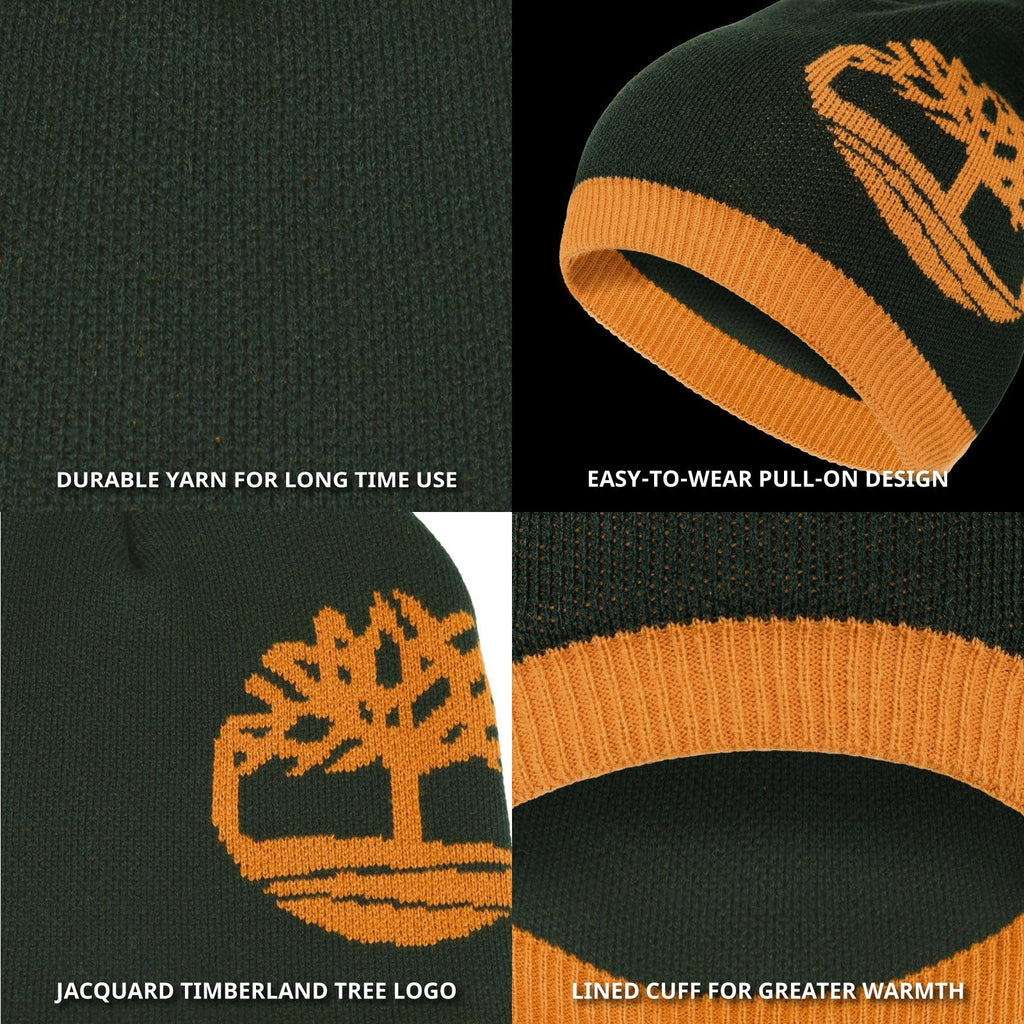 Timberland Men’s Logo Pull-On Beanie - Soft Ribbed Knit Winter Hat, Jacquard Tree Design, Warm Stretch Fit for Cold Weather
