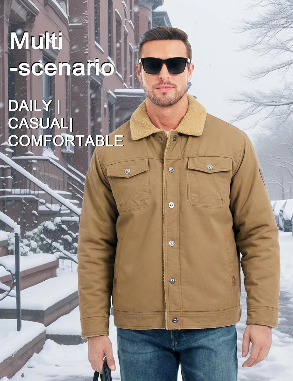 MAGCOMSEN Men's Winter Jacket Military Style Trucker Jacket Cargo Fabric Warm Fleece Lined Coat Windbreaker Sherpa Thermal Collar Combat Jacket
