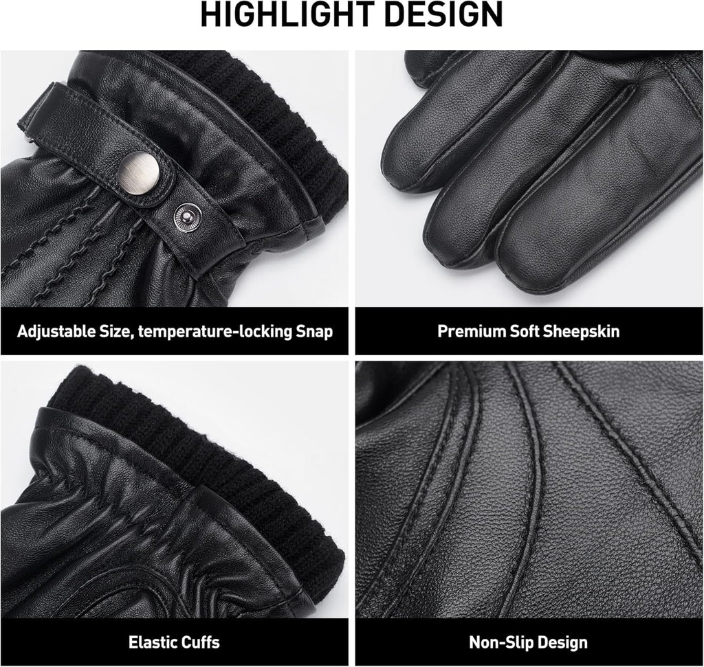 BISON DENIM Sheepskin Leather Gloves for Men, Winter Warm Touchscreen Gloves with Cashmere Lining, Driving Motorcycle Gloves