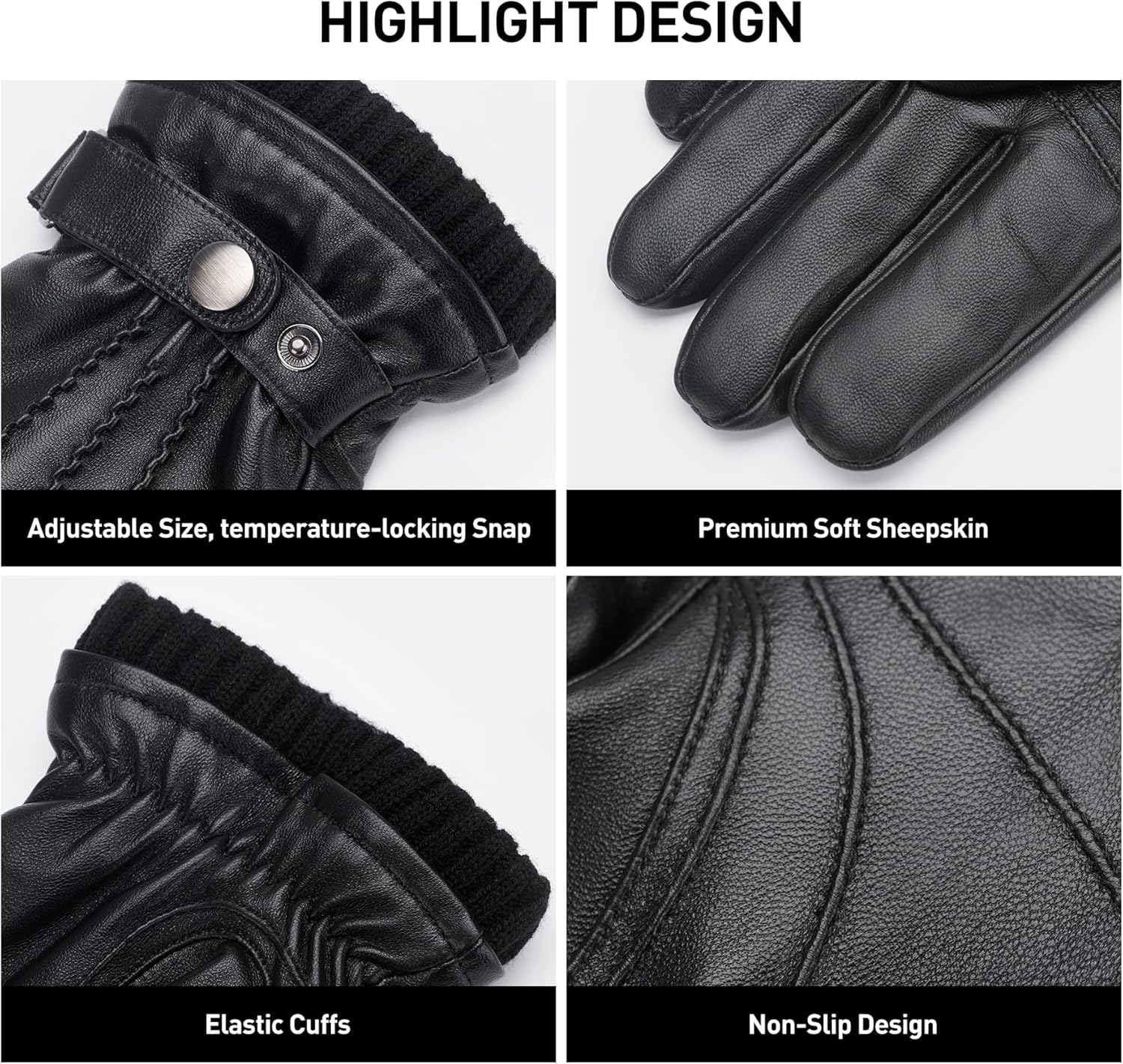 BISON DENIM Sheepskin Leather Gloves for Men, Winter Warm Touchscreen Gloves with Cashmere Lining, Driving Motorcycle Gloves
