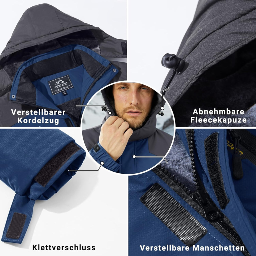 KEFITEVD Men's Ski Jacket, Breathable Warm Lined Winter Jacket with Removable Hood, Snowboard Jacket, Waterproof Outdoor Jacket