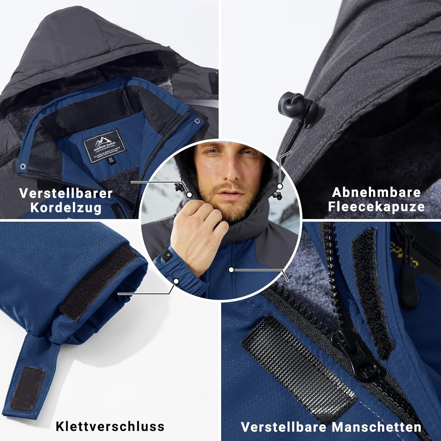 KEFITEVD Men's Ski Jacket, Breathable Warm Lined Winter Jacket with Removable Hood, Snowboard Jacket, Waterproof Outdoor Jacket