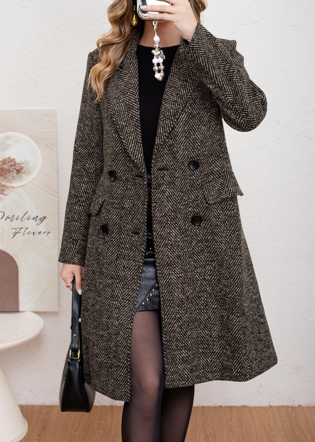 chouyatou Women's Winter Casual Herringbone Wool Coat Double Breasted Notch Collar Dressy Long Trench Coat