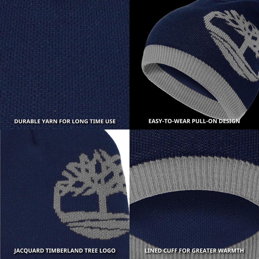 Timberland Men’s Logo Pull-On Beanie - Soft Ribbed Knit Winter Hat, Jacquard Tree Design, Warm Stretch Fit for Cold Weather