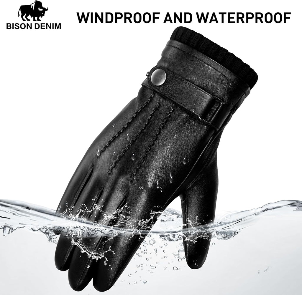 BISON DENIM Sheepskin Leather Gloves for Men, Winter Warm Touchscreen Gloves with Cashmere Lining, Driving Motorcycle Gloves