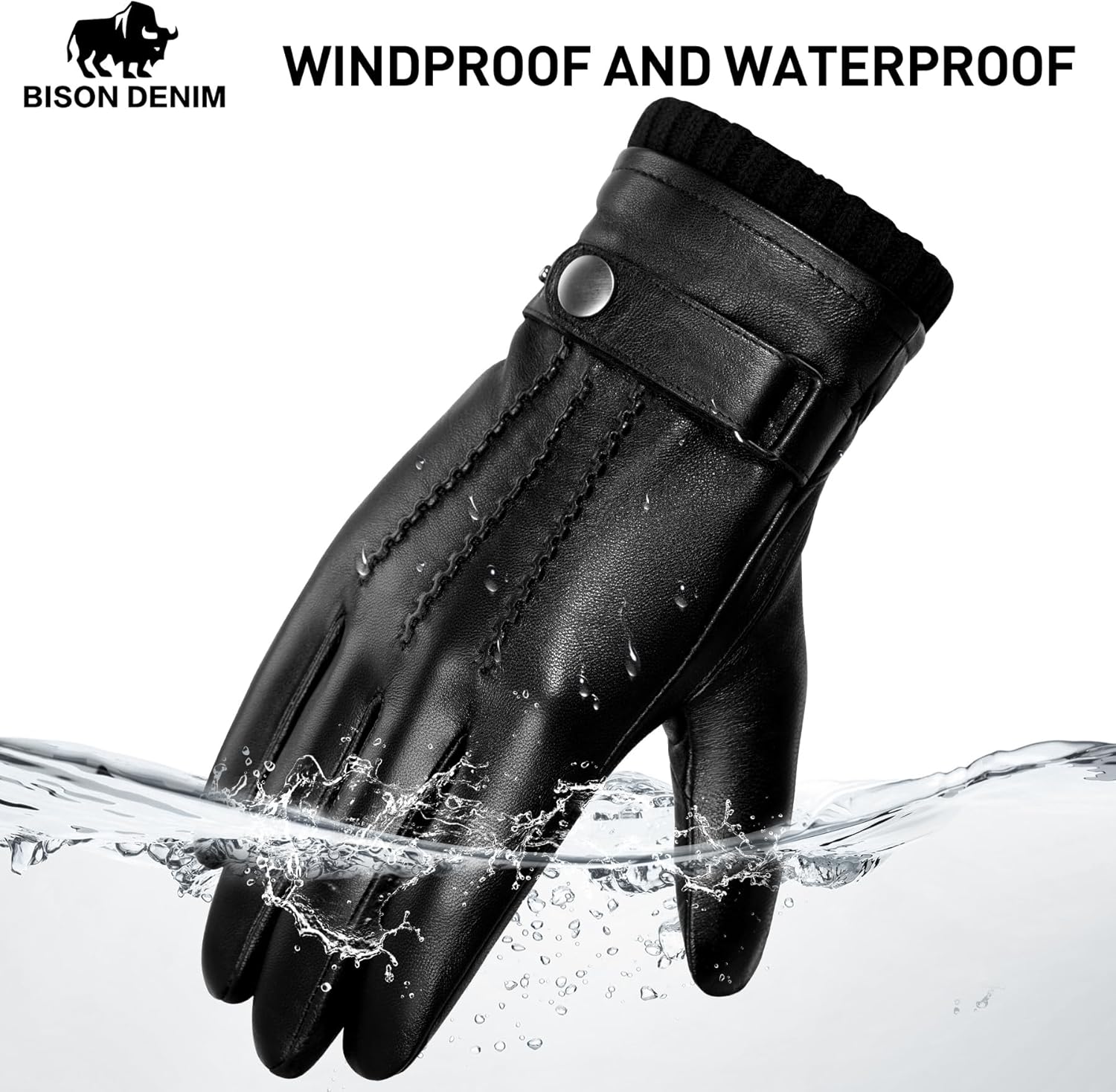 BISON DENIM Sheepskin Leather Gloves for Men, Winter Warm Touchscreen Gloves with Cashmere Lining, Driving Motorcycle Gloves