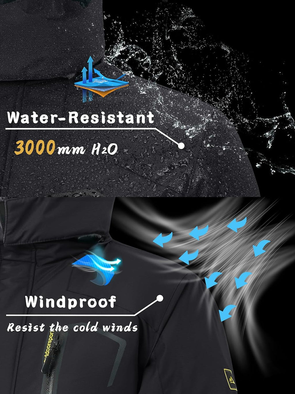 KEFITEVD Men's Ski Jacket, Breathable Warm Lined Winter Jacket with Removable Hood, Snowboard Jacket, Waterproof Outdoor Jacket