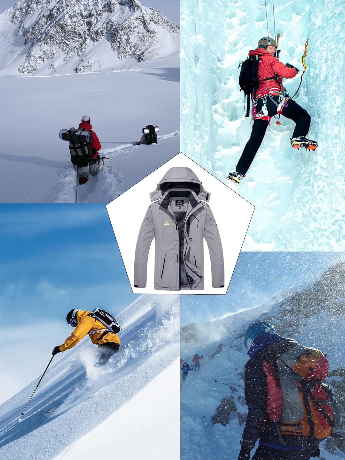 KEFITEVD Men's Ski Jacket, Breathable Warm Lined Winter Jacket with Removable Hood, Snowboard Jacket, Waterproof Outdoor Jacket