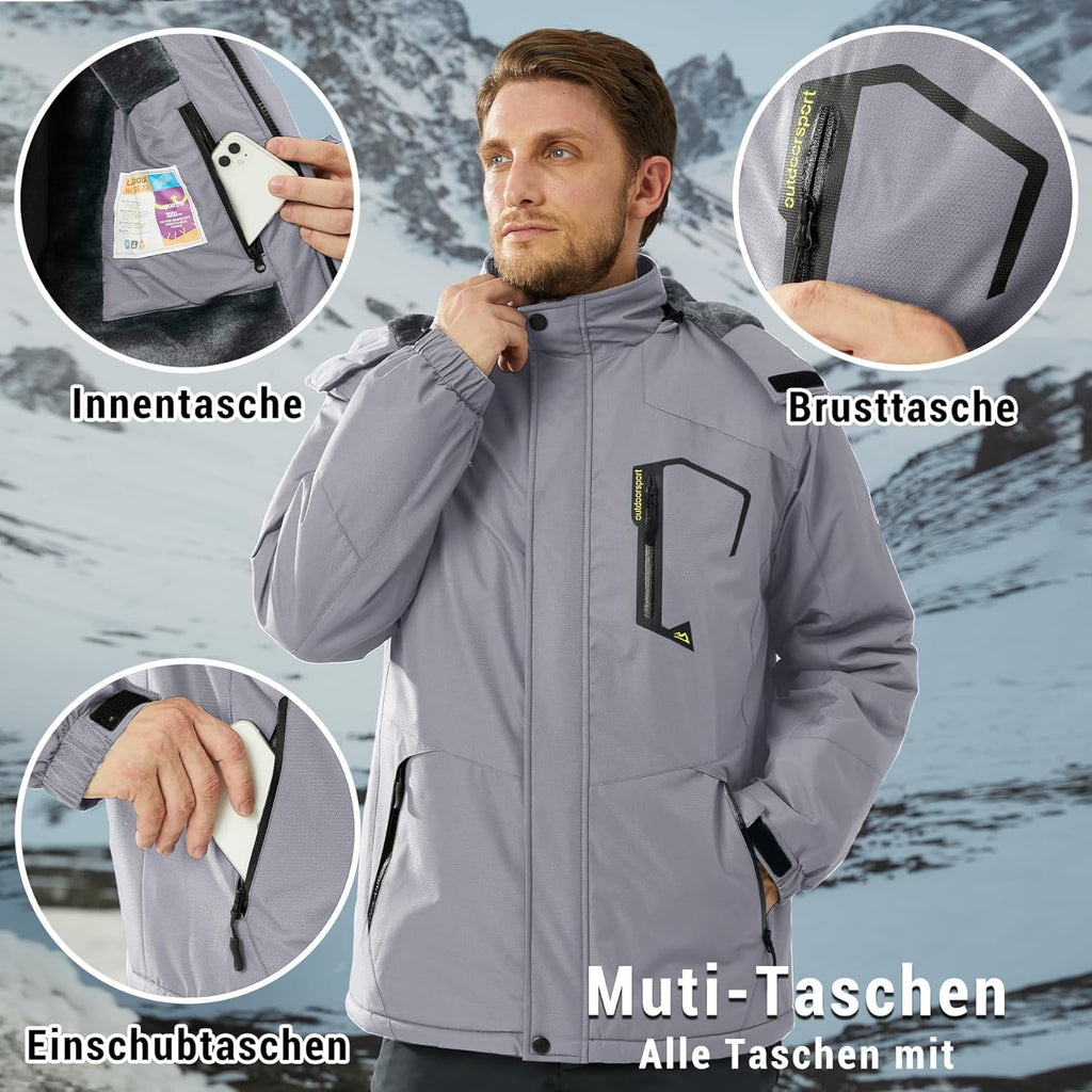 KEFITEVD Men's Ski Jacket, Breathable Warm Lined Winter Jacket with Removable Hood, Snowboard Jacket, Waterproof Outdoor Jacket