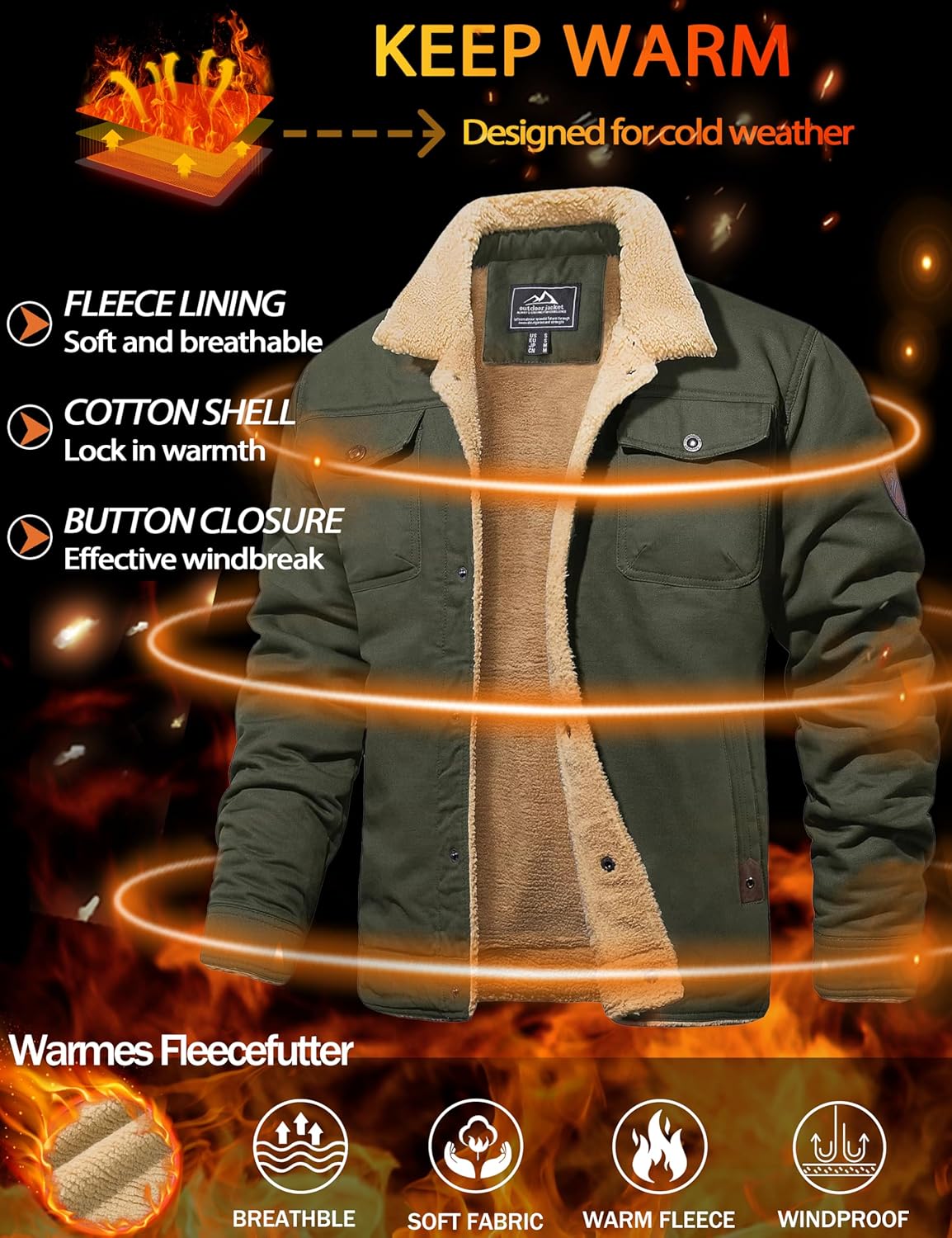 MAGCOMSEN Men's Winter Jacket Military Style Trucker Jacket Cargo Fabric Warm Fleece Lined Coat Windbreaker Sherpa Thermal Collar Combat Jacket