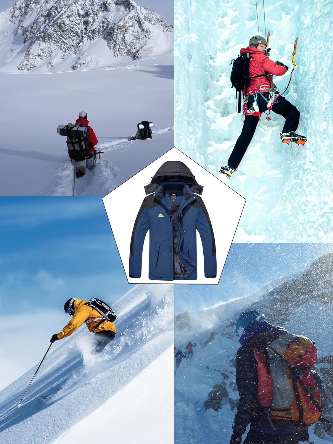 KEFITEVD Men's Ski Jacket, Breathable Warm Lined Winter Jacket with Removable Hood, Snowboard Jacket, Waterproof Outdoor Jacket