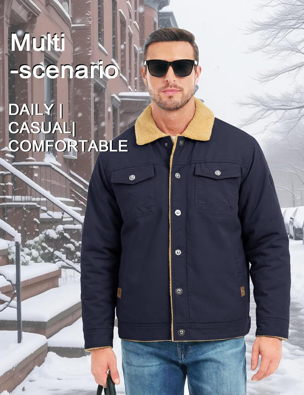 MAGCOMSEN Men's Winter Jacket Military Style Trucker Jacket Cargo Fabric Warm Fleece Lined Coat Windbreaker Sherpa Thermal Collar Combat Jacket