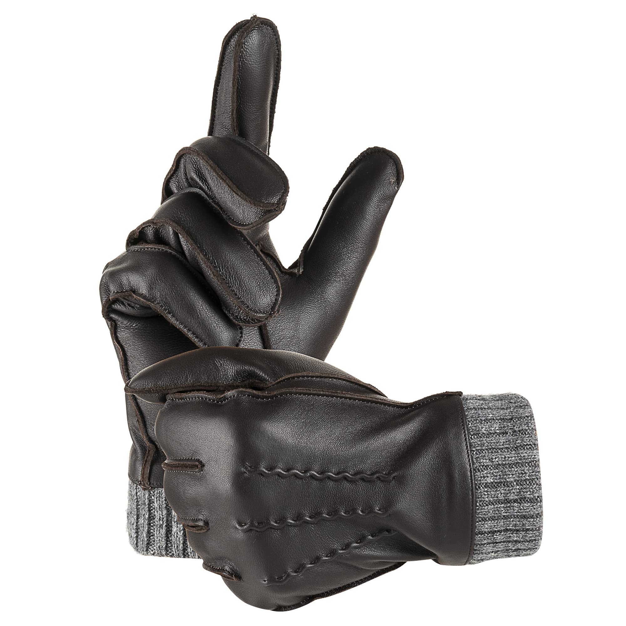 Winter Warm Genuine Leather Gloves, Cashmere Lined Driving Motorcycle Gloves for Men