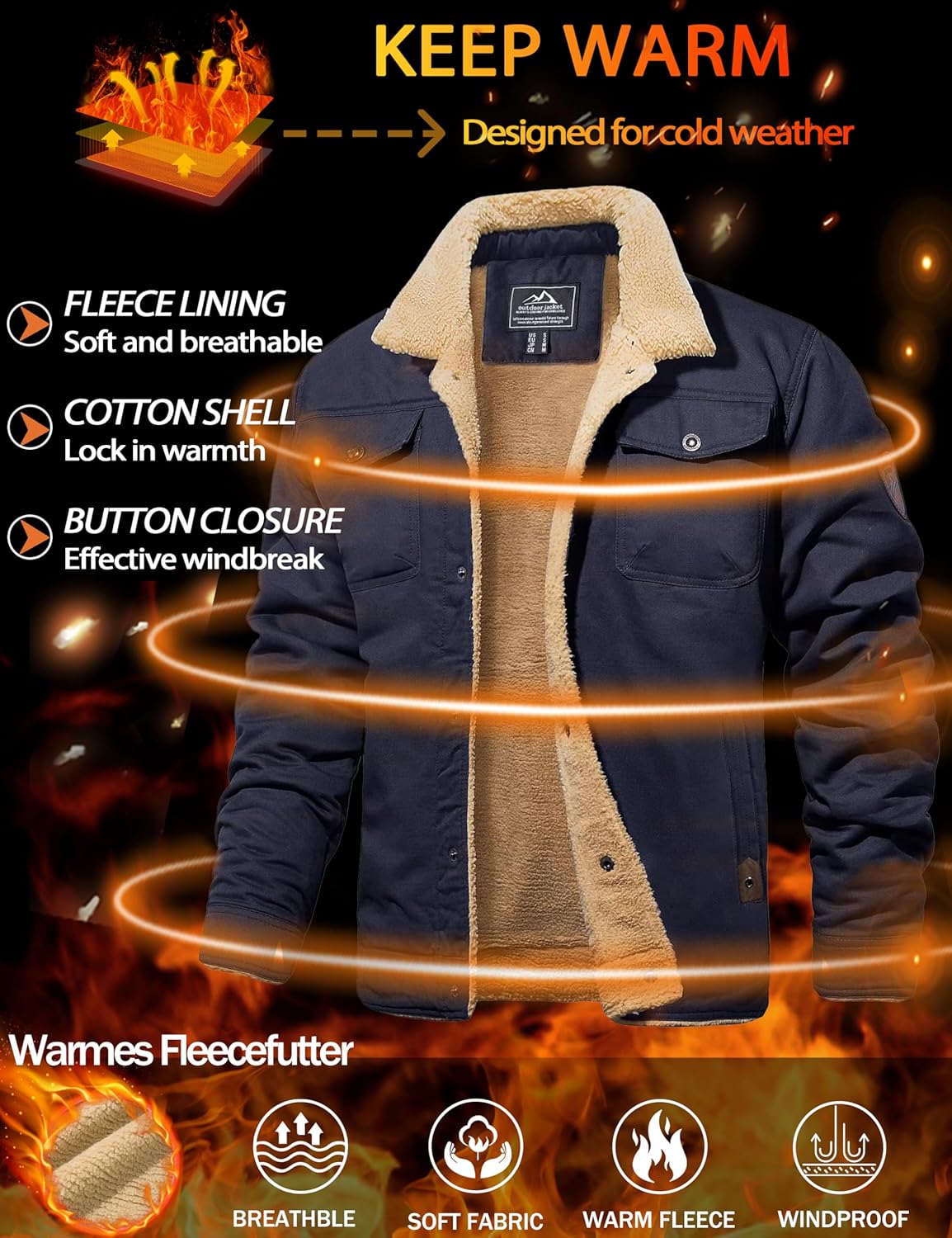 MAGCOMSEN Men's Winter Jacket Military Style Trucker Jacket Cargo Fabric Warm Fleece Lined Coat Windbreaker Sherpa Thermal Collar Combat Jacket