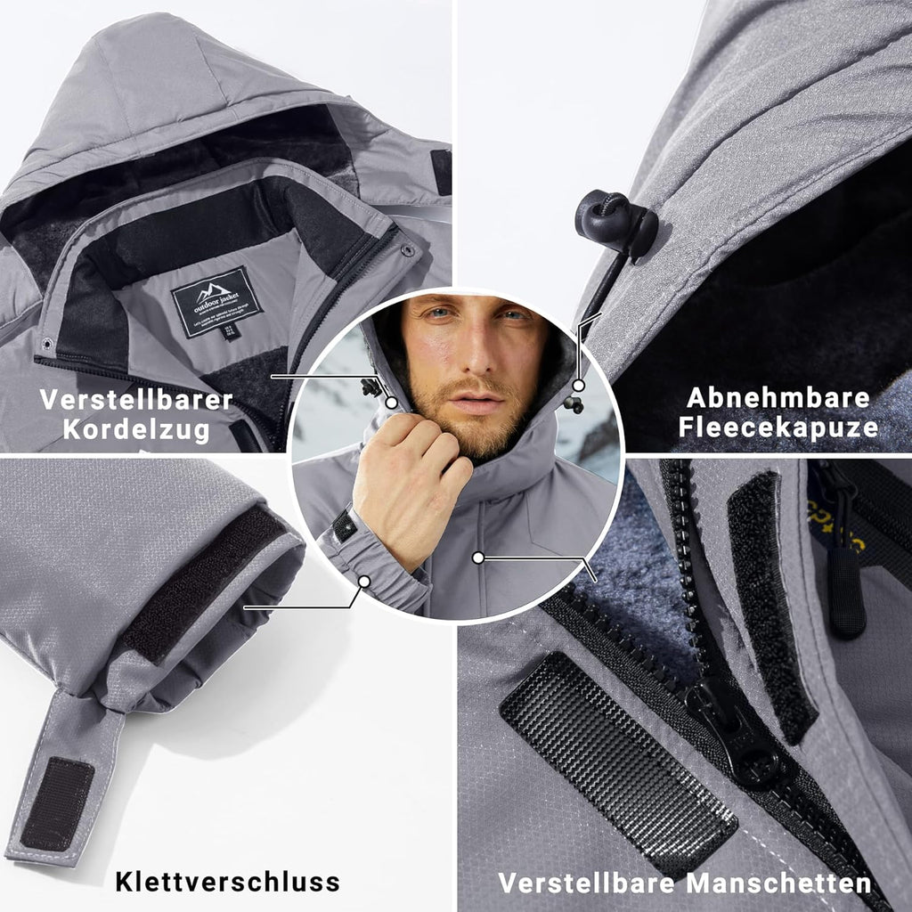 KEFITEVD Men's Ski Jacket, Breathable Warm Lined Winter Jacket with Removable Hood, Snowboard Jacket, Waterproof Outdoor Jacket