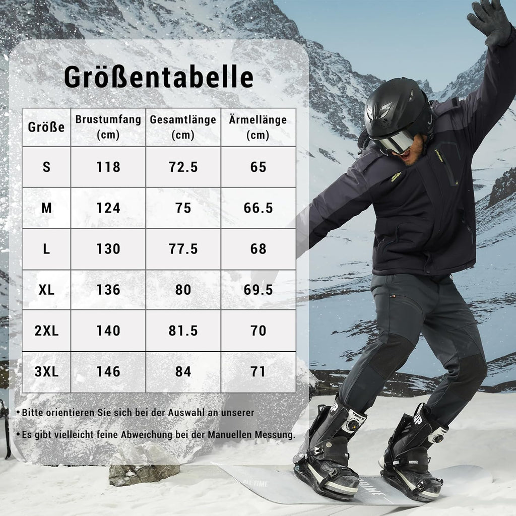 KEFITEVD Men's Ski Jacket, Breathable Warm Lined Winter Jacket with Removable Hood, Snowboard Jacket, Waterproof Outdoor Jacket