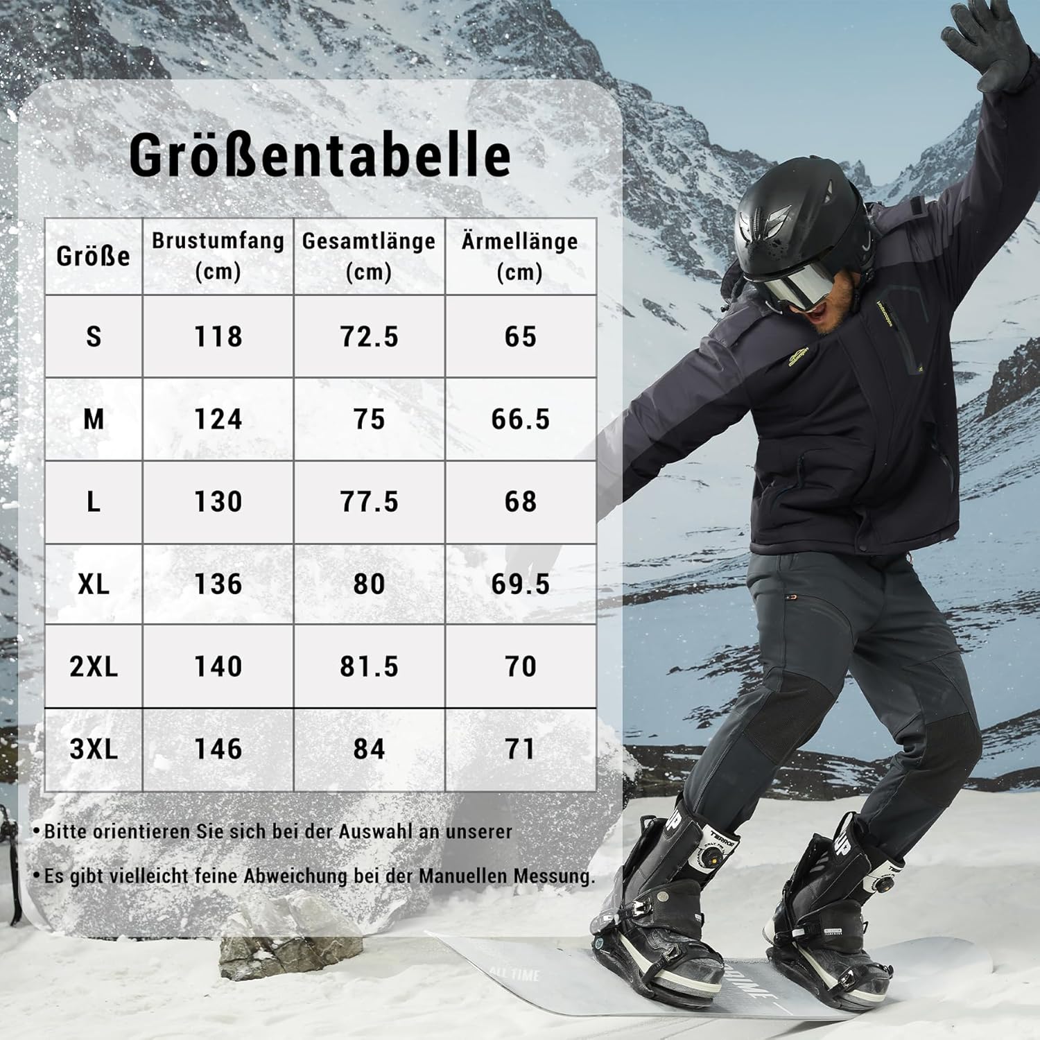 KEFITEVD Men's Ski Jacket, Breathable Warm Lined Winter Jacket with Removable Hood, Snowboard Jacket, Waterproof Outdoor Jacket