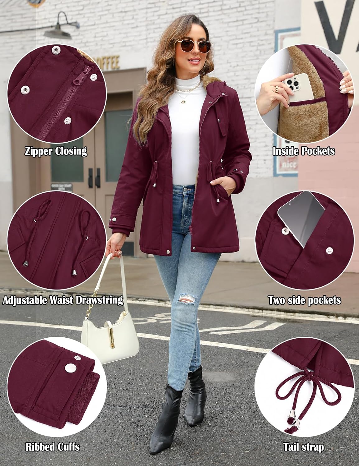 CMTOP Women Winter Jackets UK Thick Fleece Lined Ladies Coats Warm Fuzzy Waterproof Coat Padded Windproof Ladies Coats Thermal Outdoor Parka Jacket Hooded Outwear with Pockets