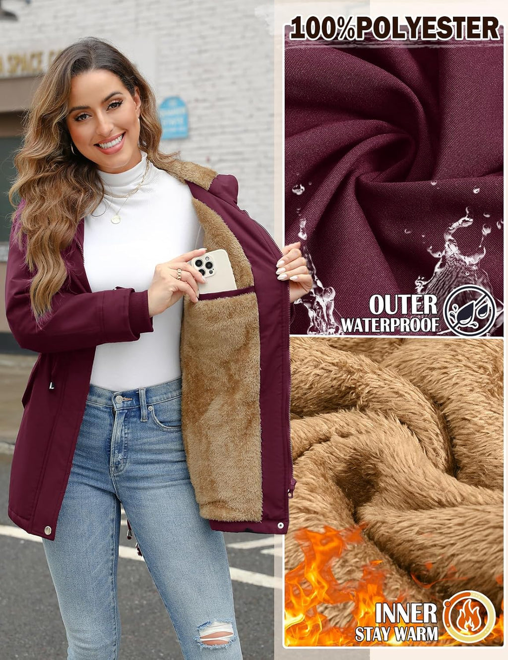 CMTOP Women Winter Jackets UK Thick Fleece Lined Ladies Coats Warm Fuzzy Waterproof Coat Padded Windproof Ladies Coats Thermal Outdoor Parka Jacket Hooded Outwear with Pockets