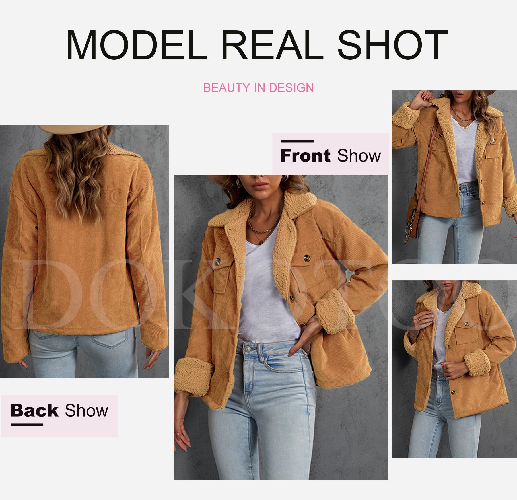 Dokotoo Corduroy Sherpa Jacket for Women Button Down Fleece Fur Collar Winter Warm Coat