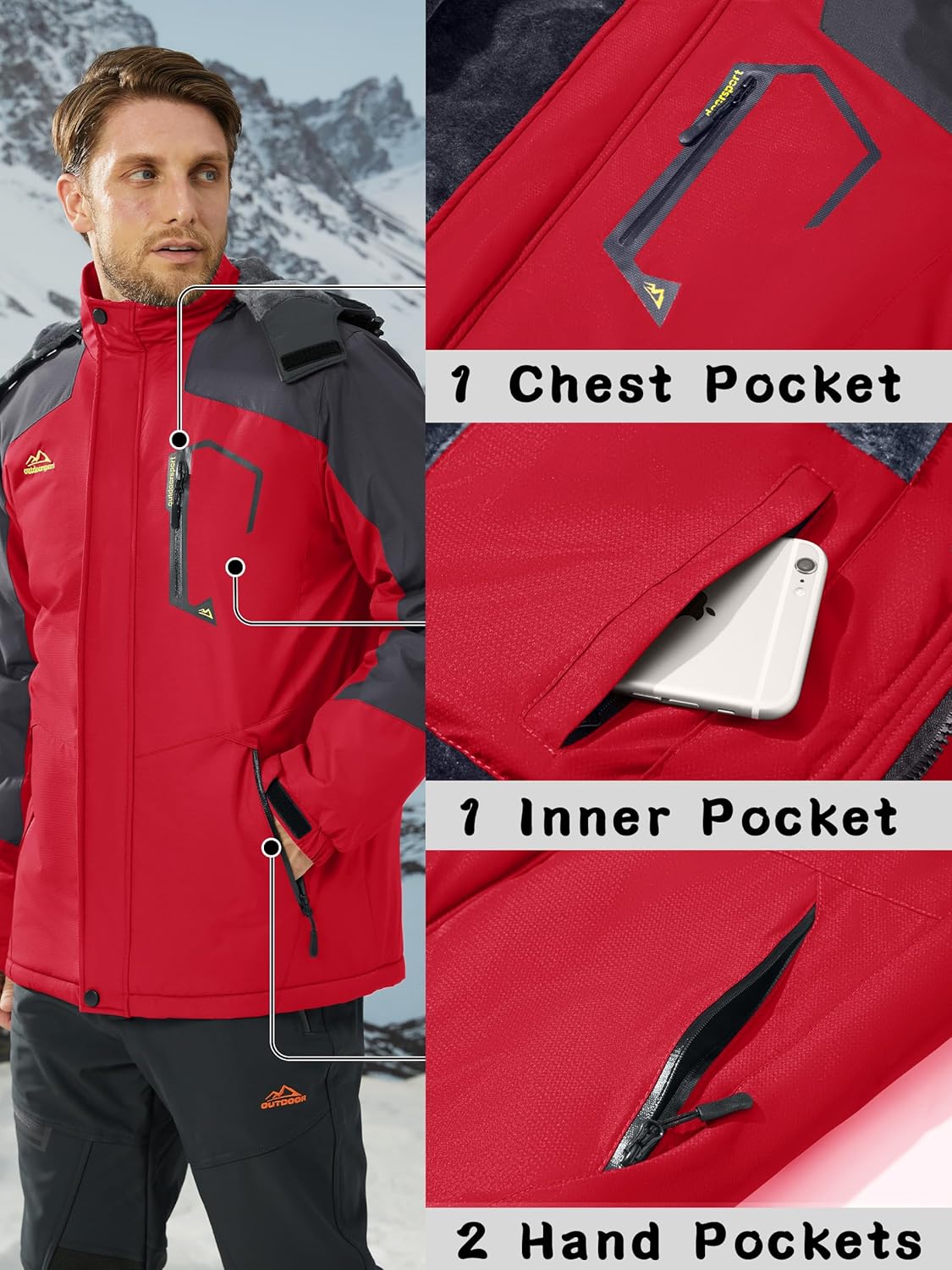 KEFITEVD Men's Ski Jacket, Breathable Warm Lined Winter Jacket with Removable Hood, Snowboard Jacket, Waterproof Outdoor Jacket