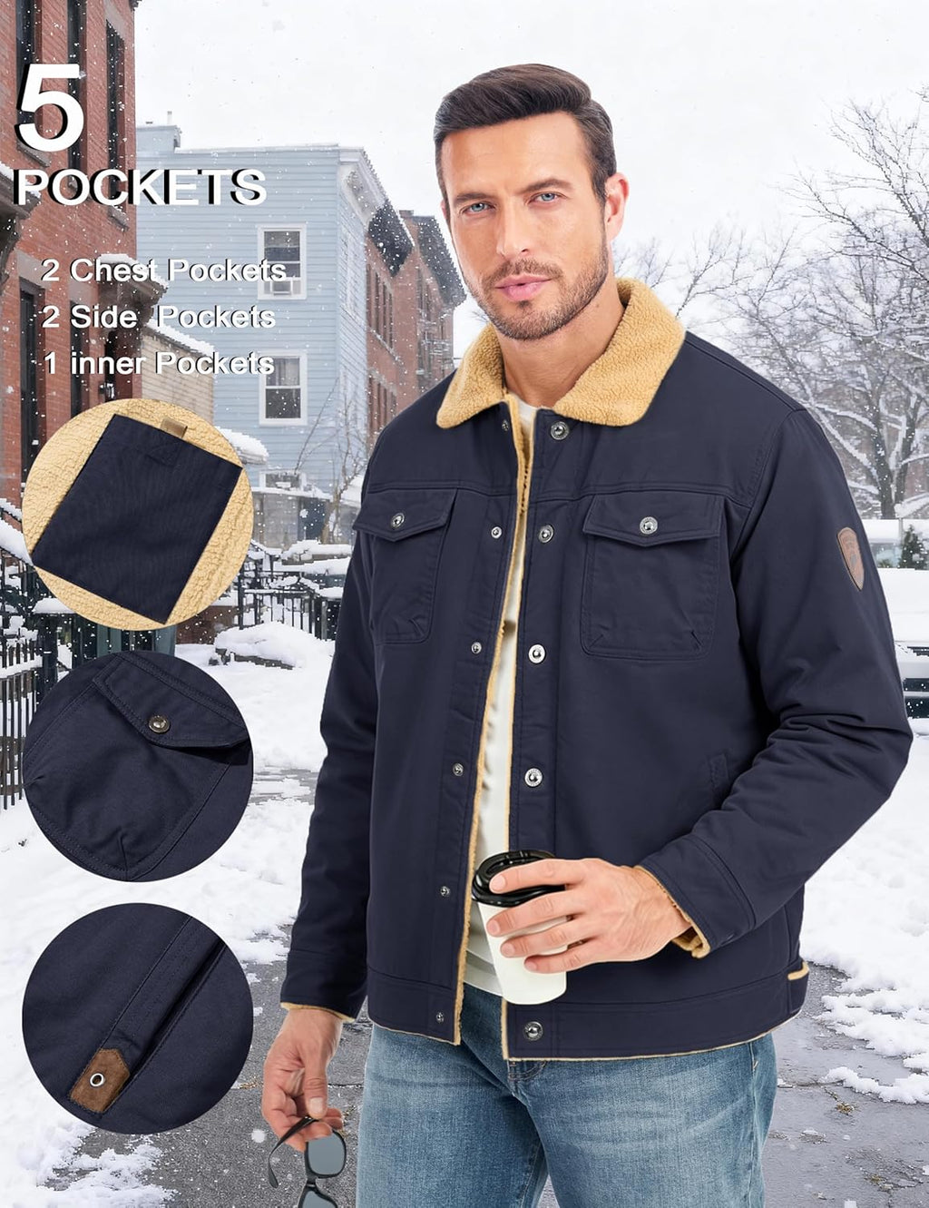 MAGCOMSEN Men's Winter Jacket Military Style Trucker Jacket Cargo Fabric Warm Fleece Lined Coat Windbreaker Sherpa Thermal Collar Combat Jacket