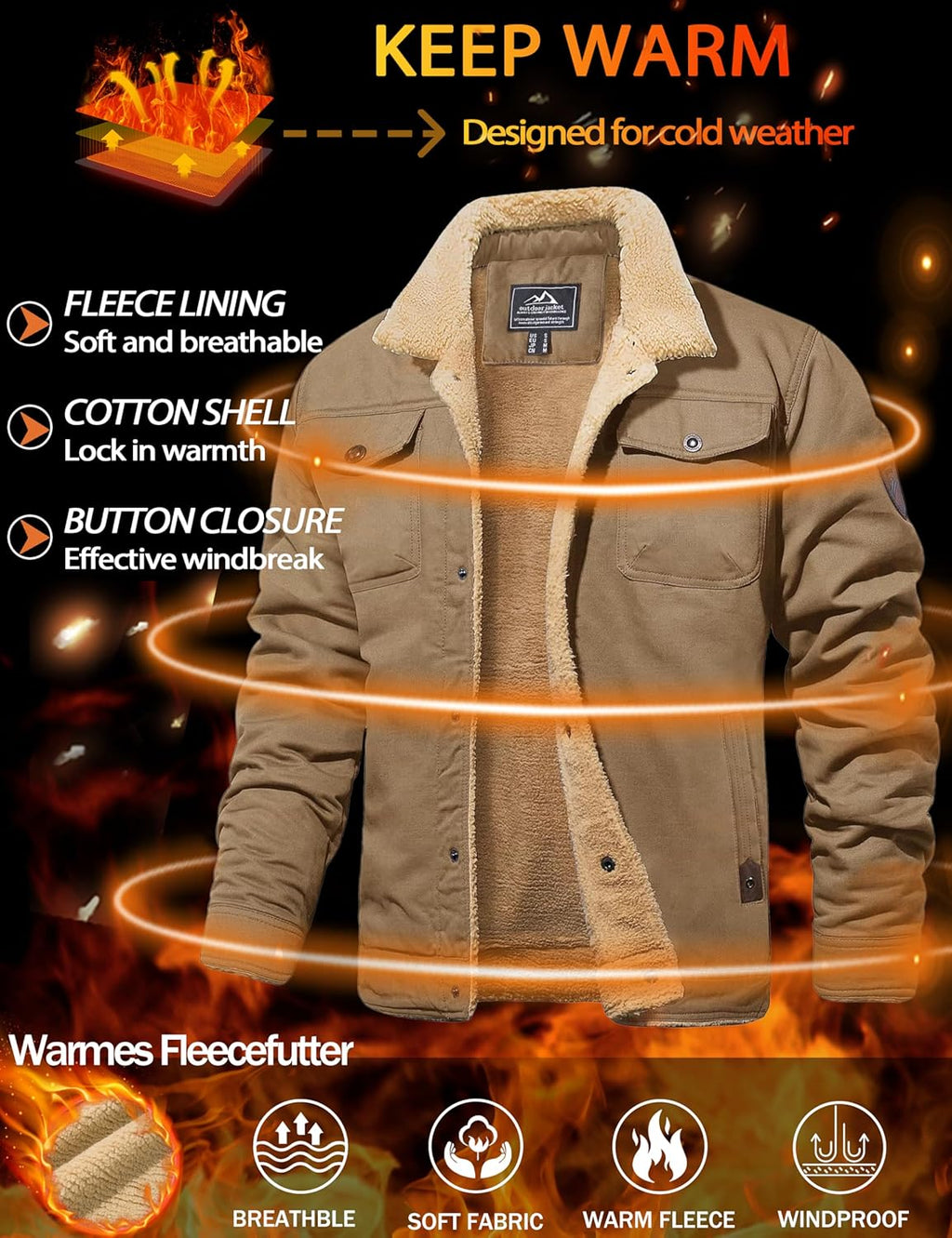 MAGCOMSEN Men's Winter Jacket Military Style Trucker Jacket Cargo Fabric Warm Fleece Lined Coat Windbreaker Sherpa Thermal Collar Combat Jacket