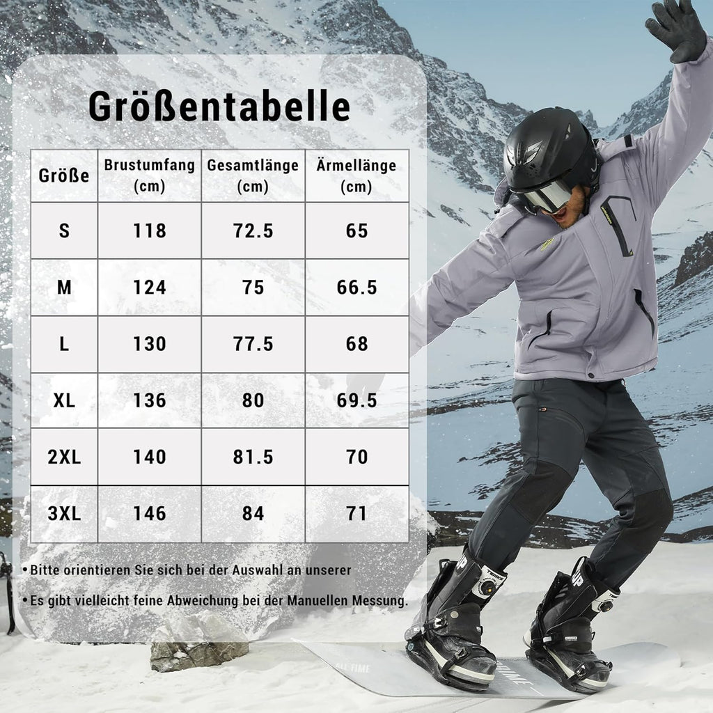 KEFITEVD Men's Ski Jacket, Breathable Warm Lined Winter Jacket with Removable Hood, Snowboard Jacket, Waterproof Outdoor Jacket
