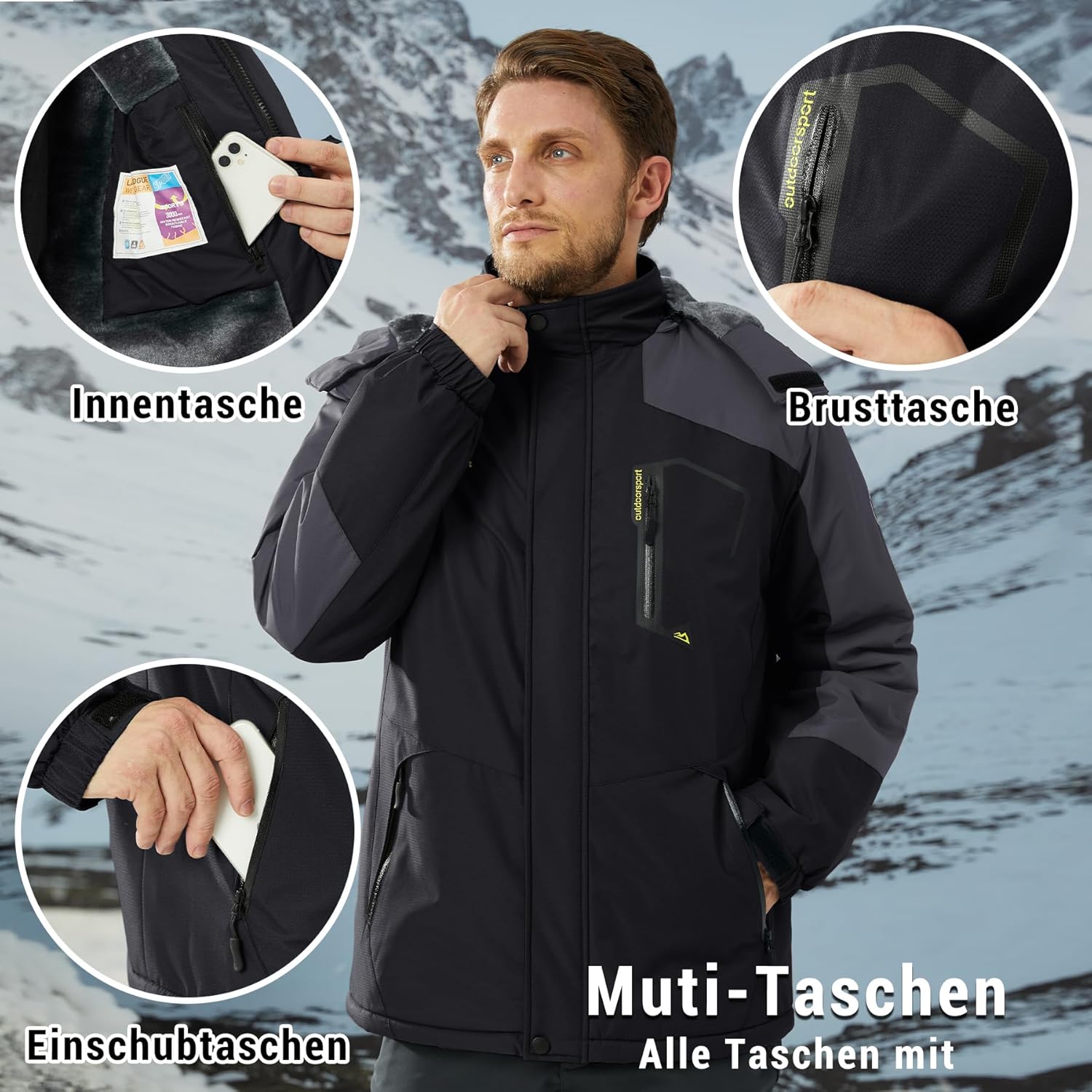 KEFITEVD Men's Ski Jacket, Breathable Warm Lined Winter Jacket with Removable Hood, Snowboard Jacket, Waterproof Outdoor Jacket