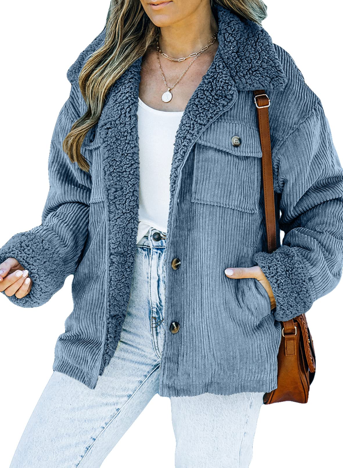 Dokotoo Corduroy Sherpa Jacket for Women Button Down Fleece Fur Collar Winter Warm Coat