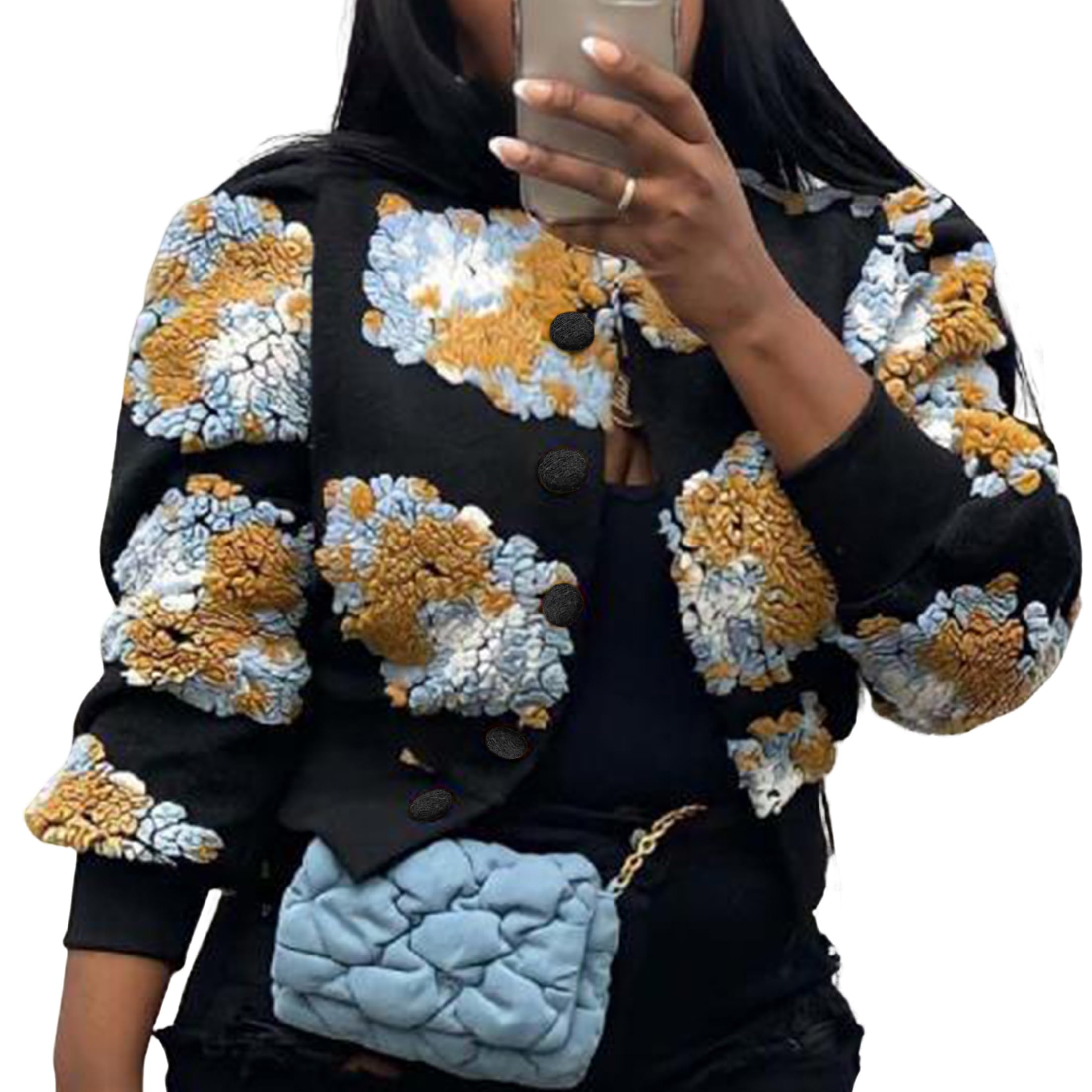 OPCAKM Women's Cropped Floral Print Shacket Jackets Round Neck Long Sleeve Bomber Coat Outerwears