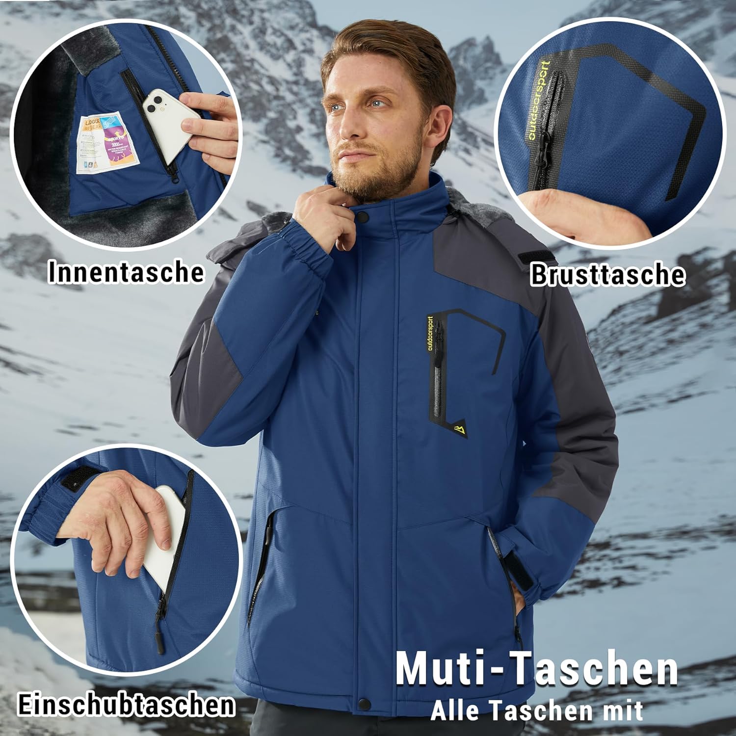KEFITEVD Men's Ski Jacket, Breathable Warm Lined Winter Jacket with Removable Hood, Snowboard Jacket, Waterproof Outdoor Jacket