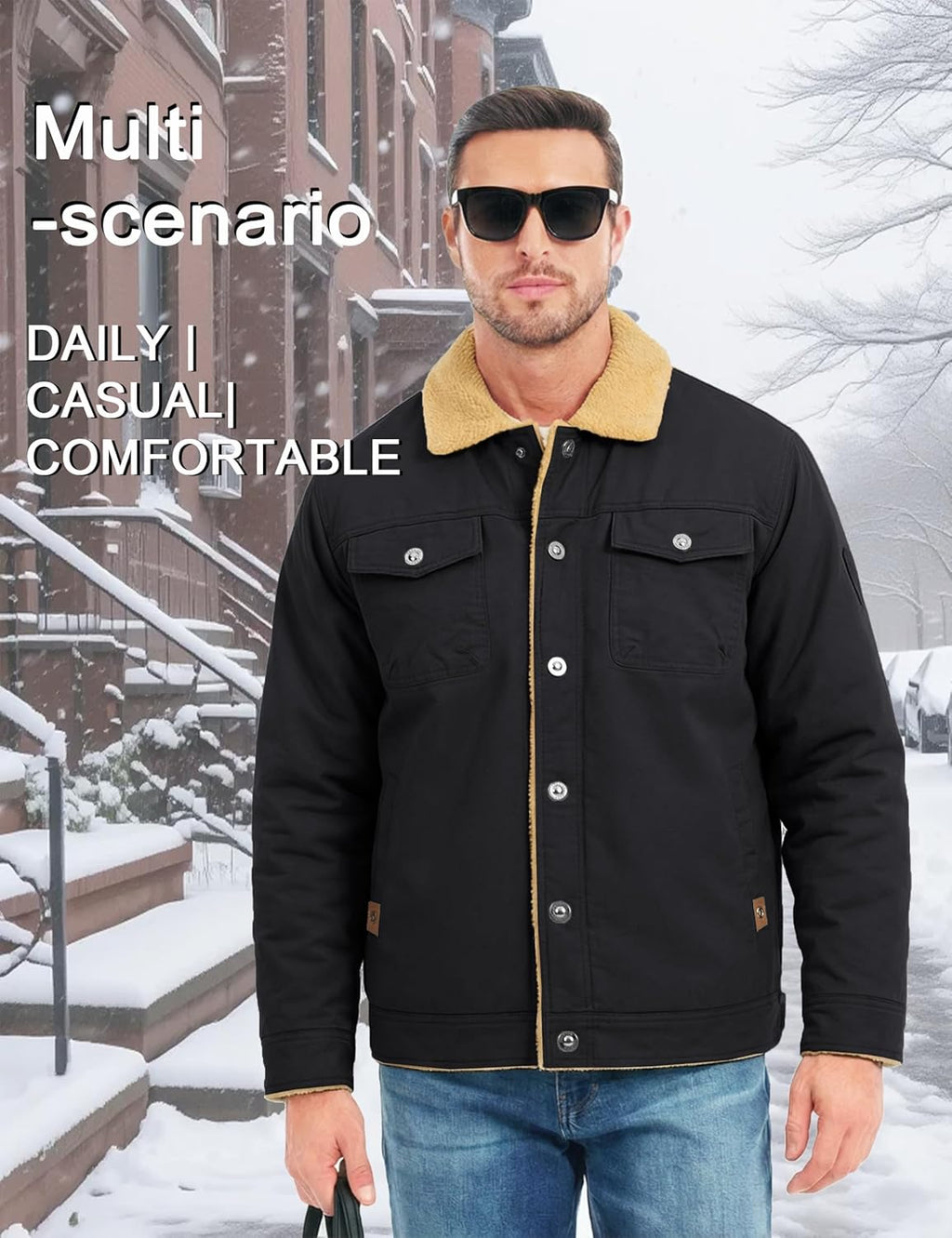 MAGCOMSEN Men's Winter Jacket Military Style Trucker Jacket Cargo Fabric Warm Fleece Lined Coat Windbreaker Sherpa Thermal Collar Combat Jacket
