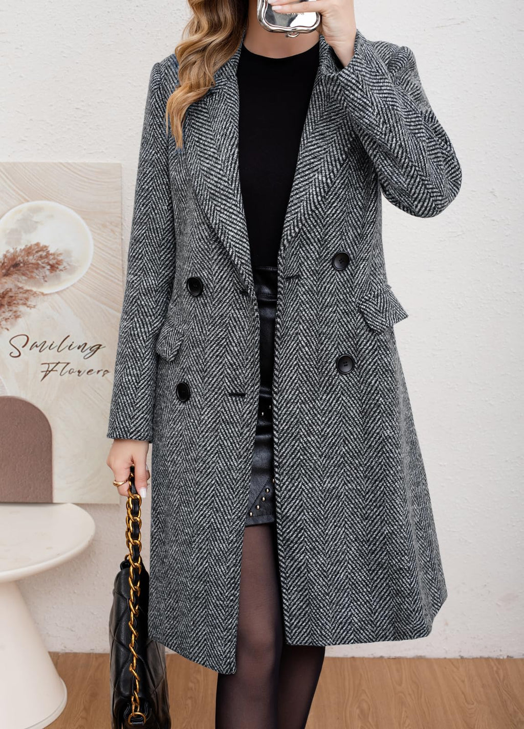 chouyatou Women's Winter Casual Herringbone Wool Coat Double Breasted Notch Collar Dressy Long Trench Coat