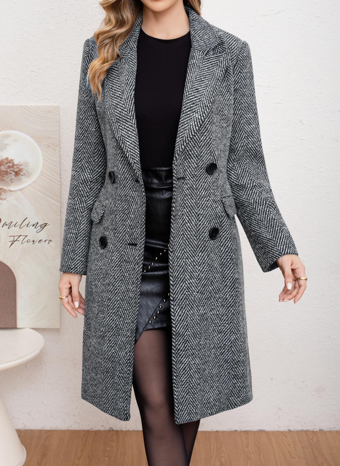 chouyatou Women's Winter Casual Herringbone Wool Coat Double Breasted Notch Collar Dressy Long Trench Coat