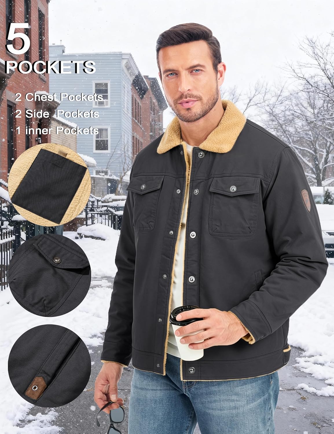 MAGCOMSEN Men's Winter Jacket Military Style Trucker Jacket Cargo Fabric Warm Fleece Lined Coat Windbreaker Sherpa Thermal Collar Combat Jacket