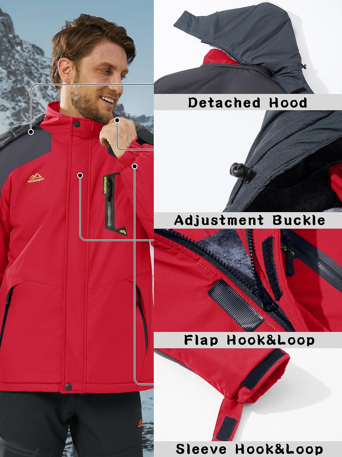 KEFITEVD Men's Ski Jacket, Breathable Warm Lined Winter Jacket with Removable Hood, Snowboard Jacket, Waterproof Outdoor Jacket