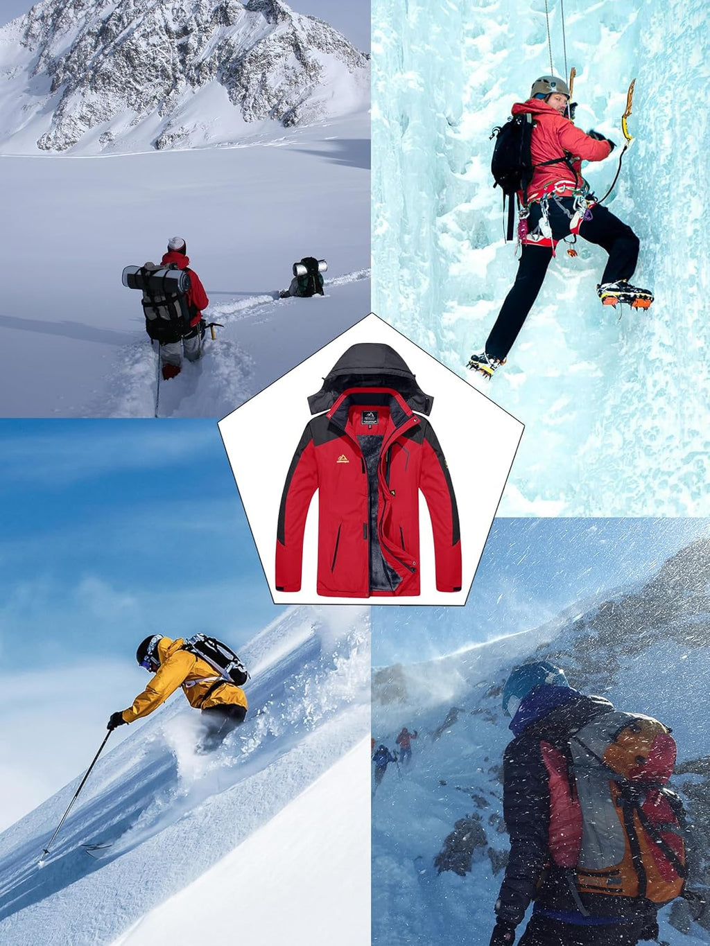 KEFITEVD Men's Ski Jacket, Breathable Warm Lined Winter Jacket with Removable Hood, Snowboard Jacket, Waterproof Outdoor Jacket