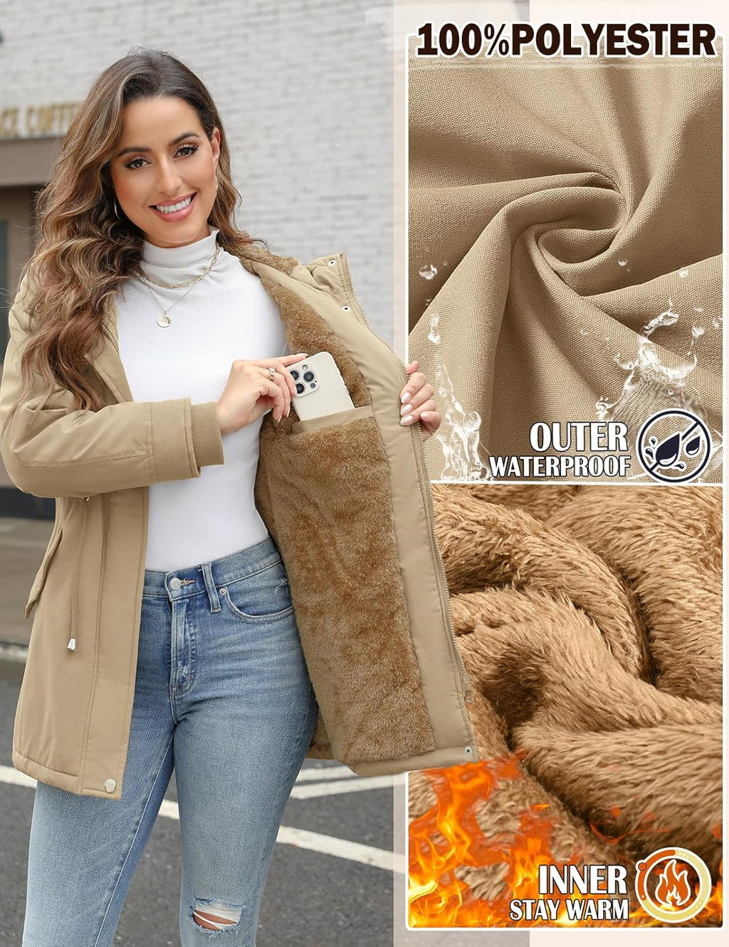 CMTOP Women Winter Jackets UK Thick Fleece Lined Ladies Coats Warm Fuzzy Waterproof Coat Padded Windproof Ladies Coats Thermal Outdoor Parka Jacket Hooded Outwear with Pockets