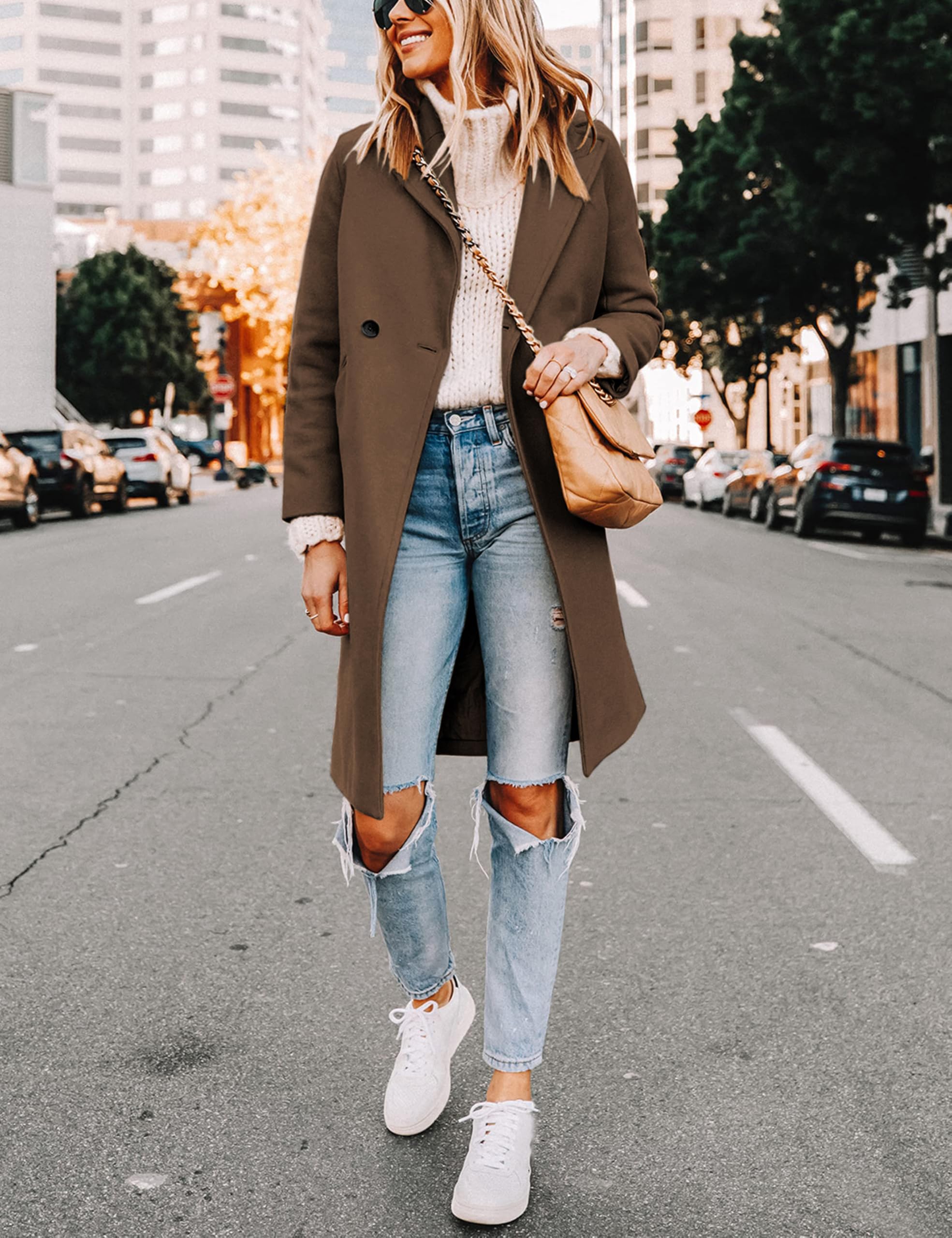 Hooever Women's Winter Wool Coat Casual Notch Lapel Single-Breasted Peacoat