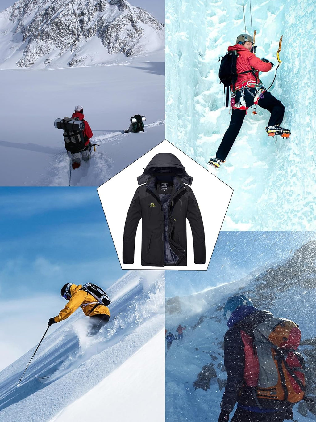 KEFITEVD Men's Ski Jacket, Breathable Warm Lined Winter Jacket with Removable Hood, Snowboard Jacket, Waterproof Outdoor Jacket