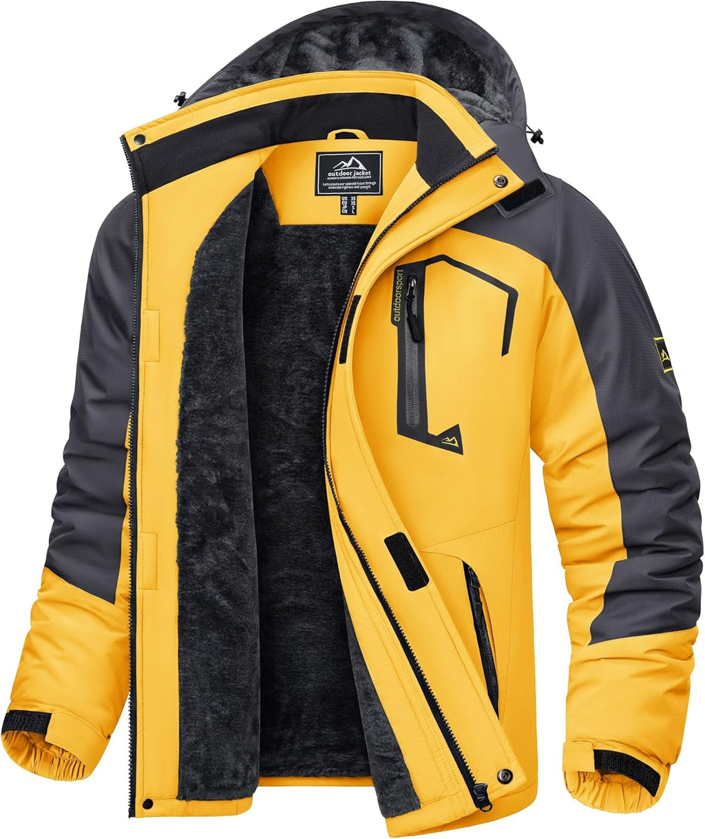 KEFITEVD Men's Ski Jacket, Breathable Warm Lined Winter Jacket with Removable Hood, Snowboard Jacket, Waterproof Outdoor Jacket