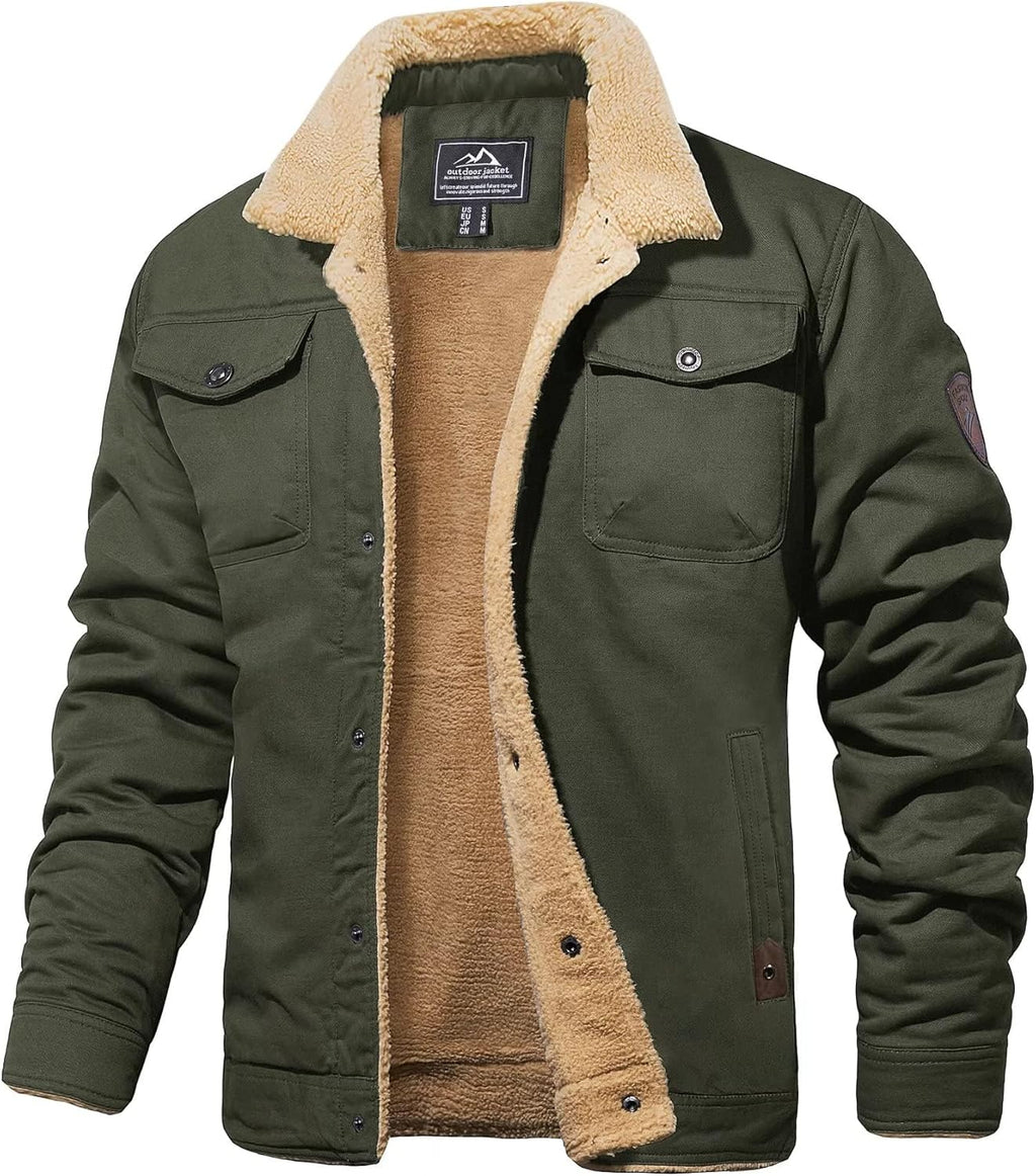MAGCOMSEN Men's Winter Jacket Military Style Trucker Jacket Cargo Fabric Warm Fleece Lined Coat Windbreaker Sherpa Thermal Collar Combat Jacket